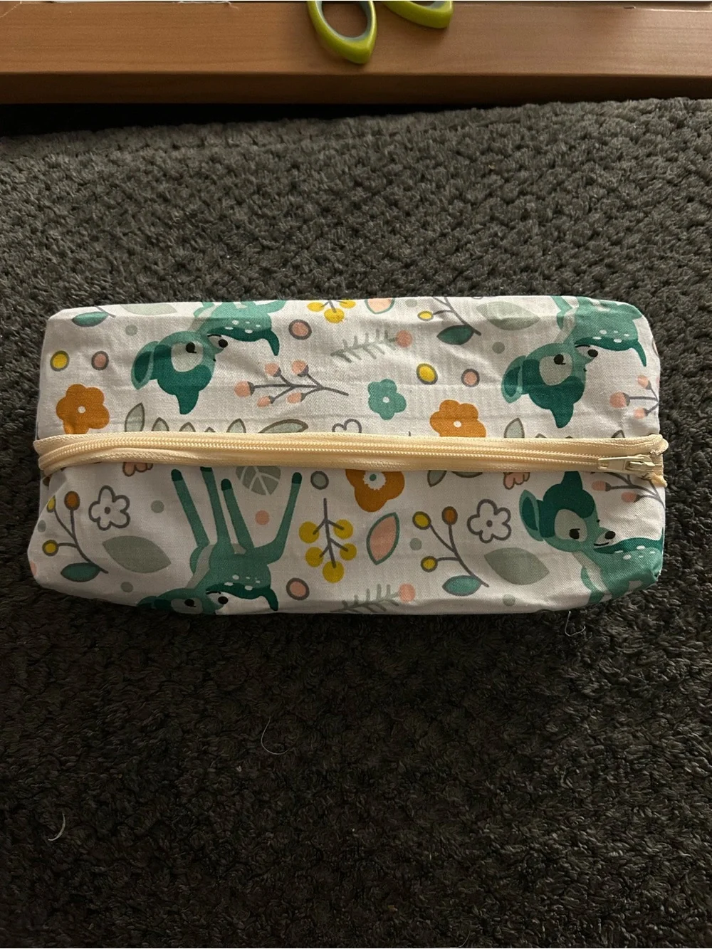 Hand Crafted Teal Deer & Floral Pencil Pouch with Cream Zipper